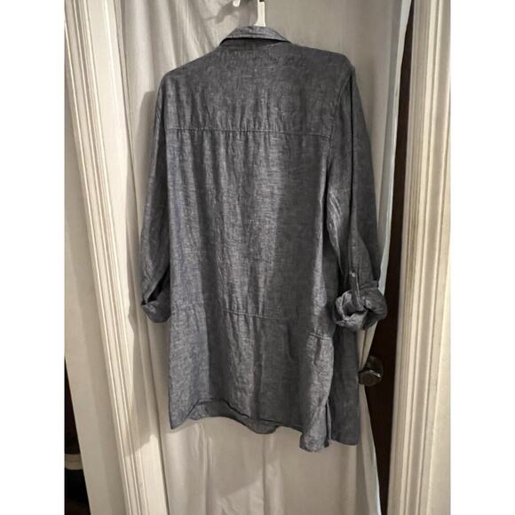Tahari Blue Drop Waist Linen Button Down Tunic Top Sz L Side Slits - Picture 7 of 7
